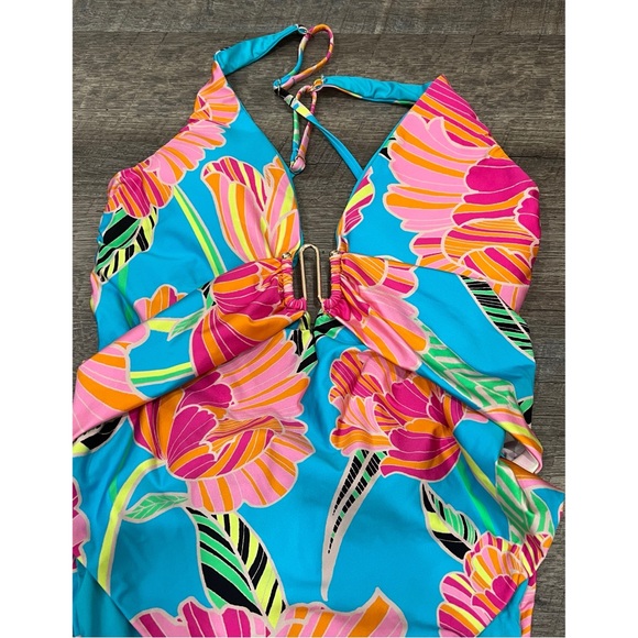 Trina Turk Poppy Plunge One- Piece Swimsuit in Floral Multi Size 10 - Picture 5 of 9
